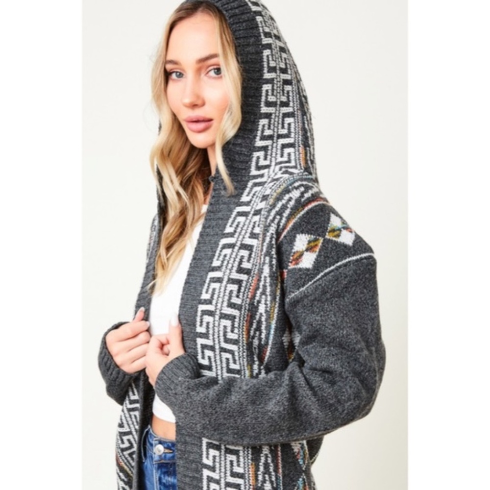 SOLD OUT Gray Native Cowichan Aztec Hooded Cardigan Sweater - Picture 6 of 10